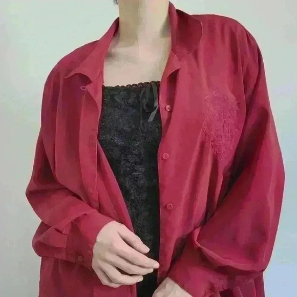 Vintage 90s Liz Moody silky red embroidered puffy long sleeve  button-up shirt - Picture 2 of 14